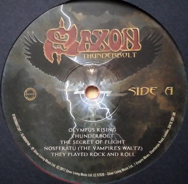 Image of Label Cover of LP - EX/M - SAXON, Thunderbolt (Silver Lining Music; SLM065P75, Europe 2018, Box Set, Gatefold + picture inner, Red Vinyl With x 2 CD, Cassette and Pin Badge), Sealed. Small tear on front of shrinkwrap., - 2946282S
