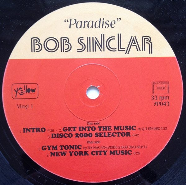 Image of Label Cover of 2xLP - VG/G+ - BOB SINCLAR, Paradise (Yellow Productions ; YP043, France 1998, Picture Sleeve, Original 1st Pressing.), A-Side is G+, B, C & D-Sides are Strong VG., - 2326229E