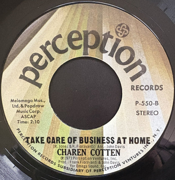 Image of Back Cover of 7" - /VG+ - CHAREN COTTEN, A Little Bit Of Love / Take Care Of Business At Home (Perception Records; P-550, US 1973, Stereo), Strong VG+, - 4456003S