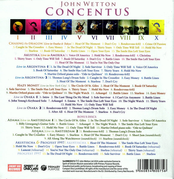 Image of Back Cover of 5015440C: 10xCD - JOHN WETTON, Concentus - The John Wetton Live Collection Volume 1 (Spirit Of Unicorn Music; SoUMBOX572, Europe 2024, Box Set) SEALED M/M