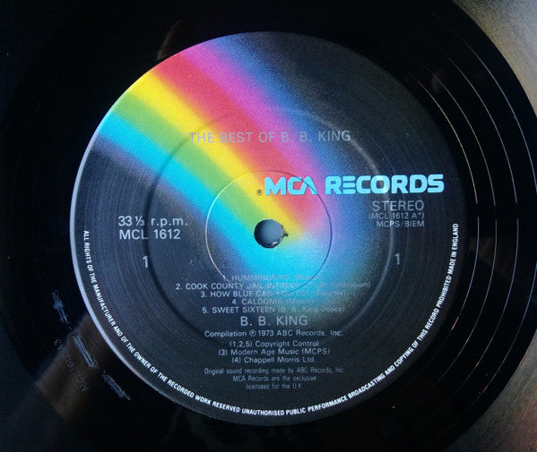 Image of Label Cover of LP - G+/VG - B.B. KING, The Best Of (MCA Black Rainbow; MCL 1612, UK 1970s Reissue), Sleeve has sticker glue and staining on front, creasing, wear, - 2816329C