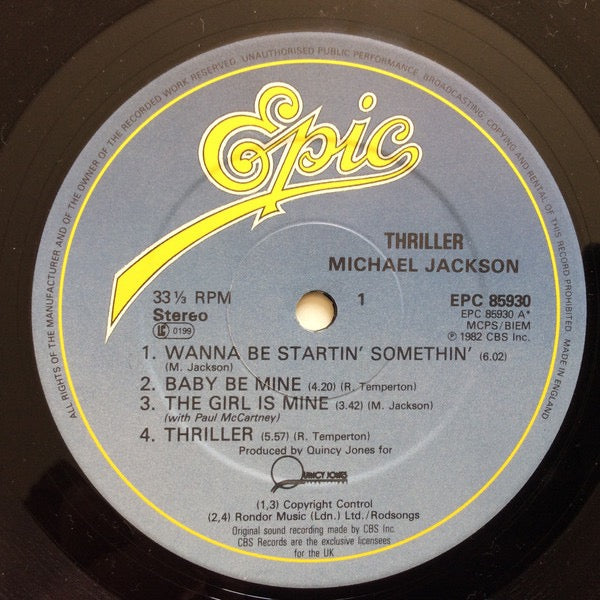 Image of Label Cover of LP - VG+/VG - MICHAEL JACKSON, Thriller (Epic Rim Text At Top Of Label; EPC 85930, UK 1982, Gatefold, Inner), , - 3626382E