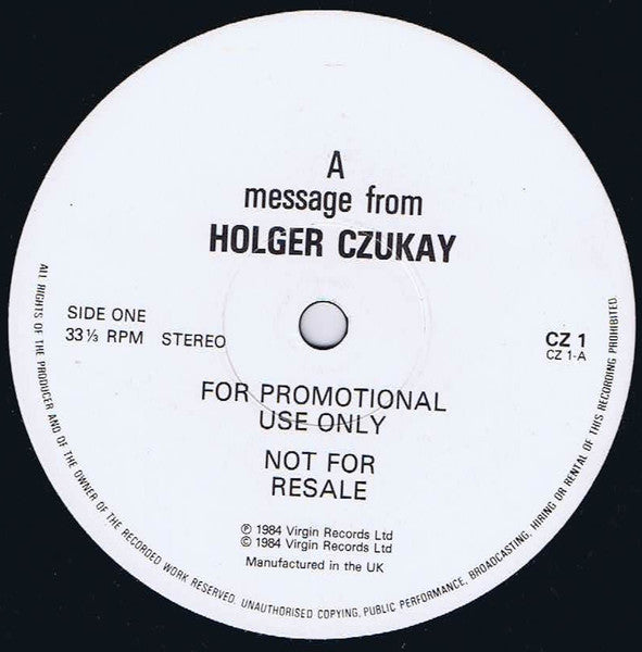 Image of Front Cover of LP - /VG - HOLGER CZUKAY, A Message From Holger Czukay (Virgin; CZ 1, UK 1984, 1 Sided Promo, Plain Die Cut Black Sleeve), , - 0725096E
