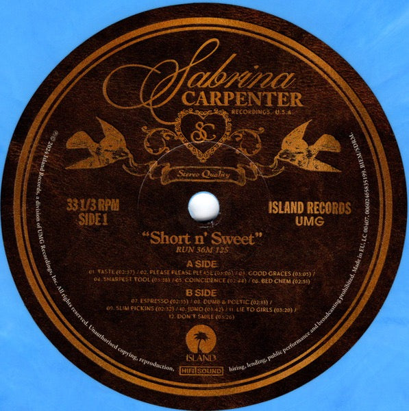 Image of Label Cover of LP - EX/VG+ - SABRINA CARPENTER, Short N' Sweet (Island Records; 00602465835199, Worldwide 2024, Gatefold, Inner & Insert, Poster, Blue Marbled Vinyl), Still In Opened Shrinkwrap, - 3816058C