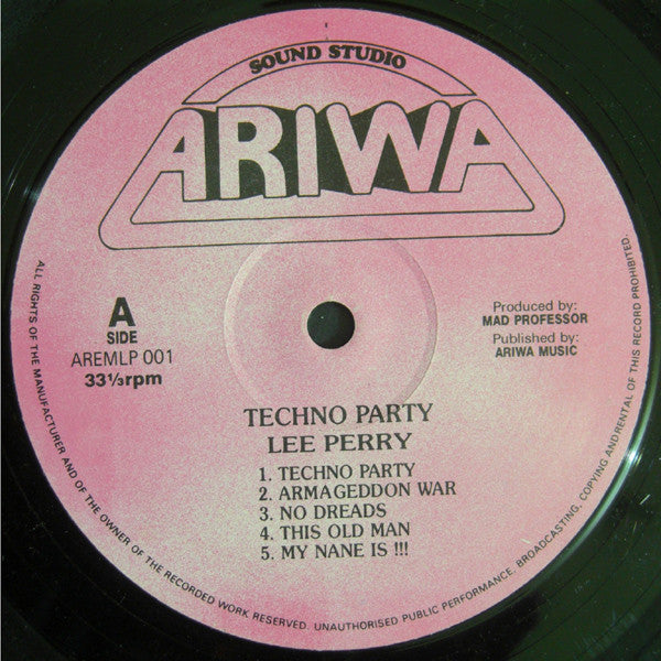 Image of Label Cover of LP - VG/G+ - LEE SCRATCH PERRY, Techno Party (Ariwa; AREMLP001, UK 2000), Lots of light marks, plays above average. Sleeve is slightly damaged near the opening, looks great otherwise., - 0715317C