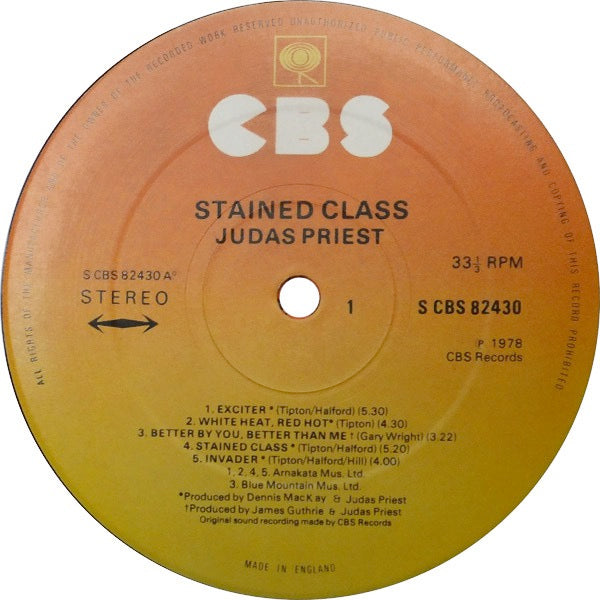 Image of Label Cover of LP - G+/VG - JUDAS PRIEST, Stained Class (CBS; S CBS 82430, UK 1978, Inner), Writing across front and back of sleeve, promo stamp. Edge wear. Hairlines across record. , - 2426235E