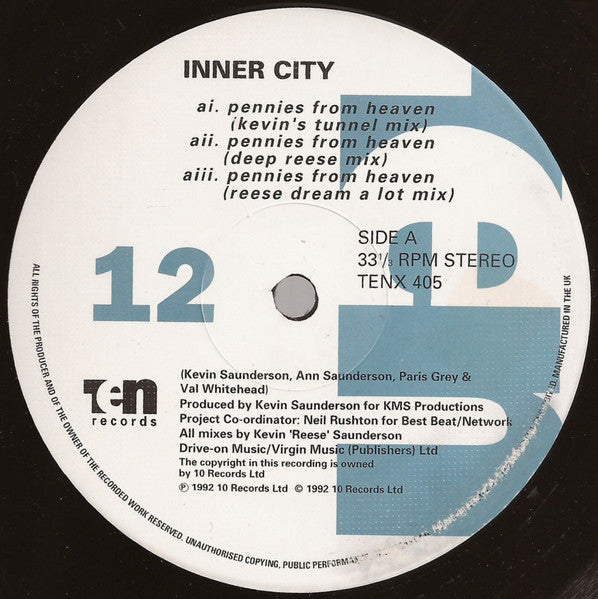 Image of Label Cover of 12" - VG+/VG - INNER CITY, Pennies From Heaven (10 Records; TENX 405, UK 1992, Picture sleeve), Faint marks., - 1516597C