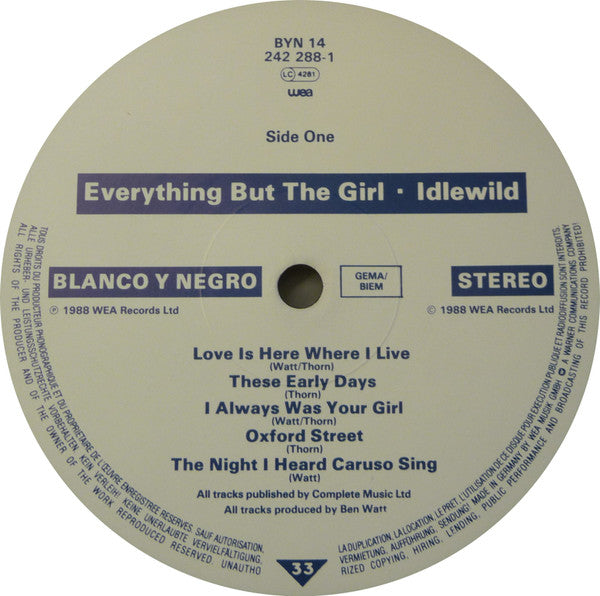 Image of Label Cover of LP - VG+/VG - EVERYTHING BUT THE GIRL, Idlewild (Blanco Y Negro ; BYN 14, Europe 1988, Laminated Sleeve, Includes 'I Don't Want to Talk About It'), Hype Sticker on Front Sleeve & Promo Sticker On Rear, A few very fine marks, Strong VG , - 3116088C