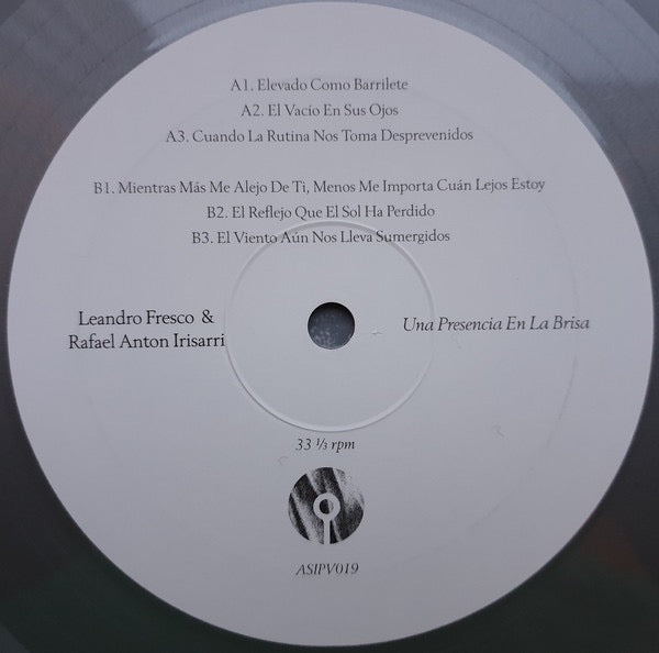 Image of Back Cover of 0915066C: LP - LEANDRO FRESCO & RAFAEL ANTON IRISARRI, Una Presencia En La Brisa (A Strangely Isolated Place; ASIPV019, US 2020, Download Code, Silver Vinyl) Still In Stickered Shrinkwrap VG+/VG+