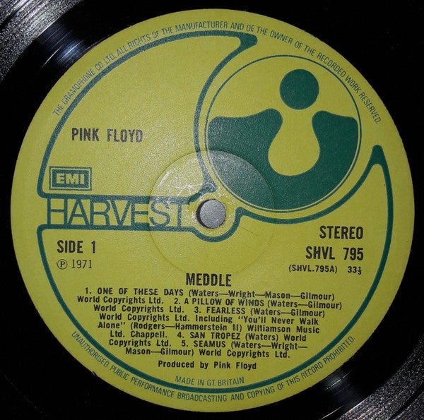 Image of Label Cover of LP - G+/G+ - PINK FLOYD, Meddle (Harvest Green, Gramophone Co On Rim, EMI Box; SHVL 795, UK 1971, Textured Gatefold No Patent Number Sleeve), Lightly Water Damaged Sleeve, - 2946092S