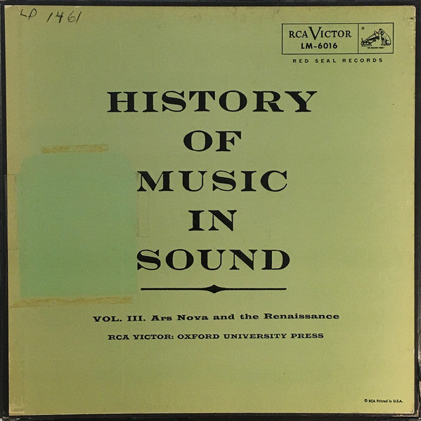 Image of Front Cover of 0925166E: 2xLP - VARIOUS, History Of Music In Sound - Volume III - Ars Nova And The Rennaissance (RCA Victor Red Seal; LM 6016, , Box Set, Bound Book With Insert) Top Edge of Box Torn VG/VG