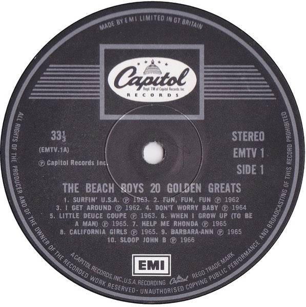 Image of Label Cover of LP - VG/VG - THE BEACH BOYS, 20 Golden Greats (Capitol; EMTV 1, UK 1976, Laminated Sleeve), , - 3716139C