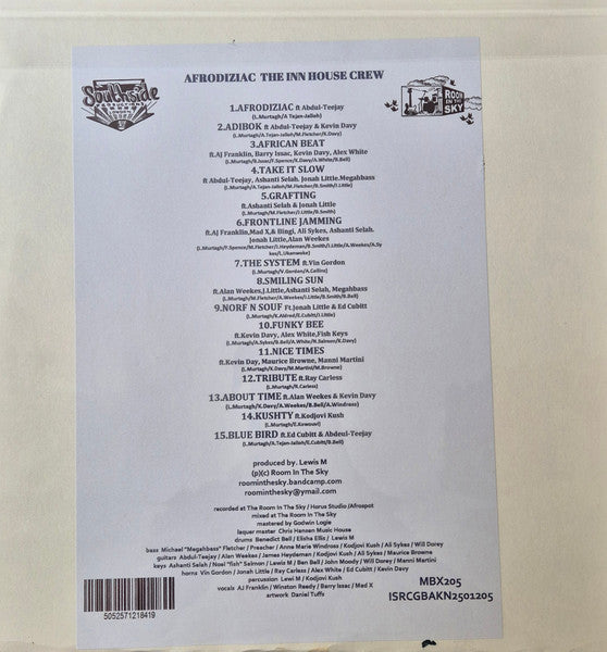 Image of Back Cover of LP - NEW/NEW - THE INN HOUSE CREW, Afrodiziac (Room In The Sky; MBX205, UK 2025, Front is printed screenprint on reused old sleeve folded inside out. Back is a white A4 glued to back of sleeve.), , - 1635193E