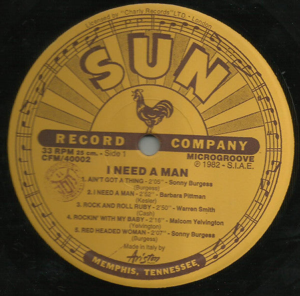 Image of Label Cover of 1045148S: 10" - VARIOUS, I Need A Man (Sun; CFM/40002, Italy 1982, Pasteback Sleeve) Creasing, edge wear, ring wear. VG/VG+