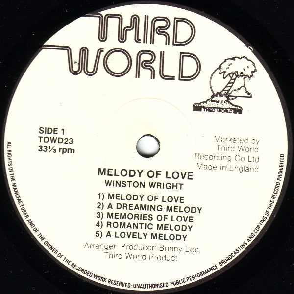 Image of Label Cover of 12" - G/VG - WINSTON WRIGHT, Melody Of Love (Third World; TDWD 23, UK 1970s), Sleeve has writing on front and back, Spine wear, Some tape. Disc is pretty clean, a few hairlines, - 1145141S
