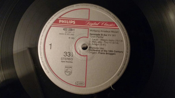Image of Label Cover of LP - VG/VG+ - FRANS BRUGGAN, ORCHESTRA OF THE 18TH CENTURY,, Mozart: Serenade In B Flat, K.361 "Gran Partita" (Philips; 422 338-1, Netherlands 1988), , - 1125248E