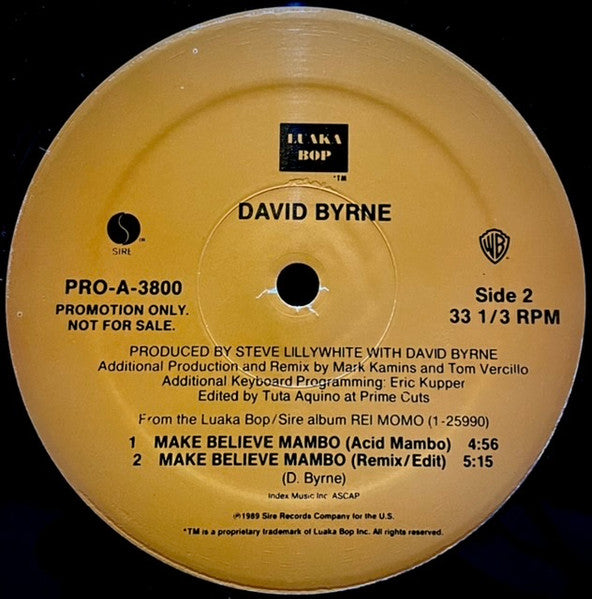 Image of Back Cover of 1115174C: 12" - DAVID BYRNE, Make Believe Mambo (Sire; PRO-A-3800, US 1989, Promo, Die Cut Company Sleeve, "E A S T" Embossed A Side Label) VG/VG+