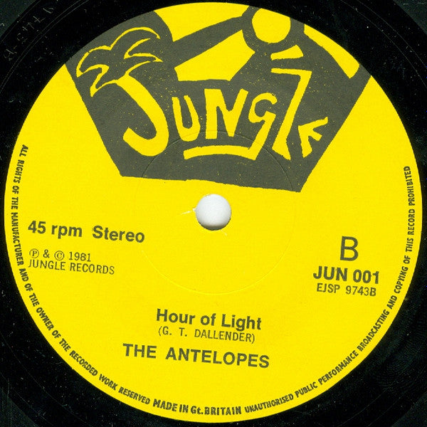 Image of Back Cover of 7" - /VG+ - THE ANTELOPES, Prisoners / Hour Of Light (Jungle; JUN 001, UK 1981, No Picture Sleeve), , - 1125478E