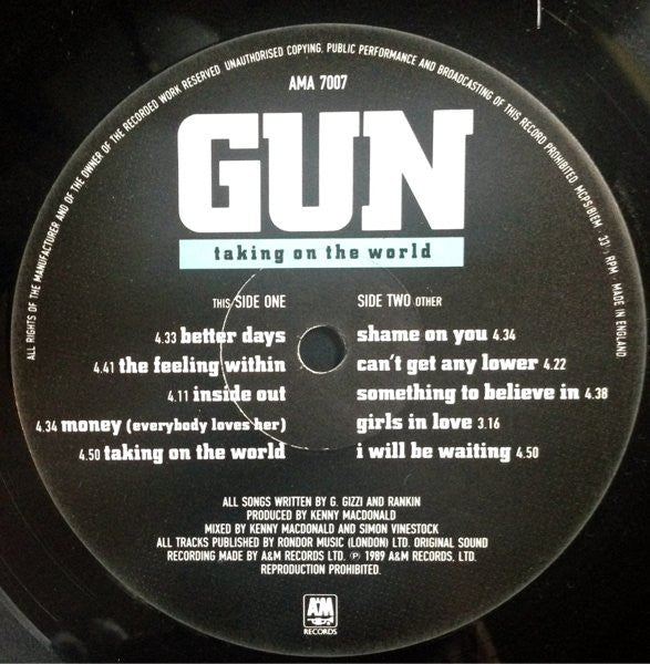 Image of Label Cover of 0346277S: LP - GUN, Taking On The World (A&M Records; AMA 7007, UK 1989, Inner) Edge Wear VG/VG