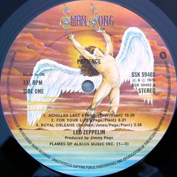 Image of Label Cover of LP - VG/VG - LED ZEPPELIN, Presence (Swan Song; SSK59402, UK 1976, Embossed Gatefold, Inner, 1st UK pressing, Made In UK and Track Times on Label), Stains on Sleeve, - 3226124E