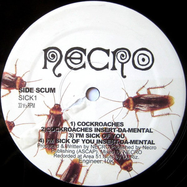 Image of Label Cover of 12" - G+/G+ - NECRO, Cockroaches EP (Uncle Howie Records ; SICK1, US 1998, Picture Sleeve), Sleeve has pinched and worn edges with some damage, - 3916379C