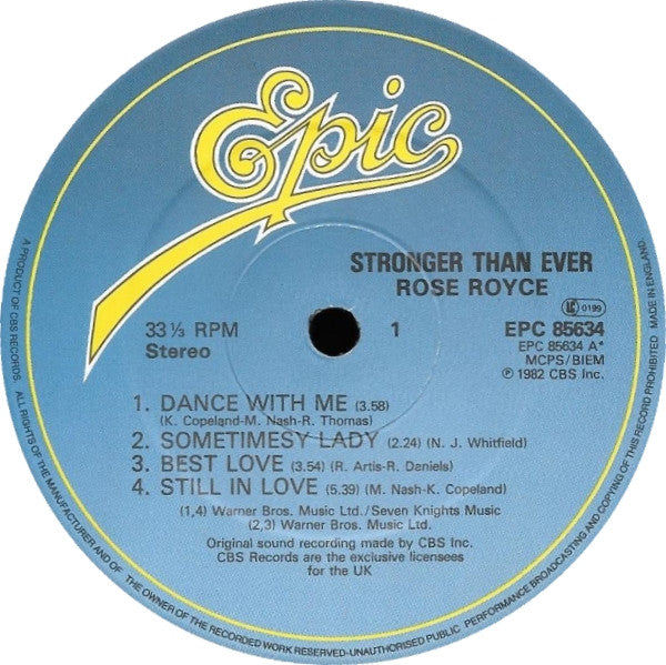 Image of Label Cover of LP - VG+/VG+ - ROSE ROYCE, Stronger Than Ever (Epic; EPC 85634, UK 1982), Nice clean copy!, - 3716124C