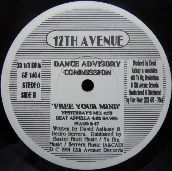 Image of Back Cover of 4615656C: 12" - DANCE ADVISORY COMMISSION, Free Your Mind (12th Avenue Records; GF 1404, US 1991) /VG