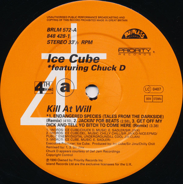Image of Label Cover of 4845144S: 12" EP - ICE CUBE, Kill At Will (4th & Broadway; BRLM 572, UK 1990, Picture Sleeve) Strong VG+ VG/VG+