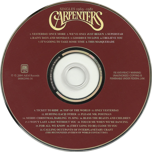 Image of Label Cover of CD - VG+/VG+ - CARPENTERS, Singles 1969-1981 (A&M Records; B0002996-36, US 2004 Reissue, Super Jewel case, SACD), , - 3616391C
