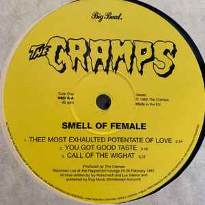 Image of Label Cover of LP - EX/EX - THE CRAMPS, Smell Of Female (Big Beat Records; NED 6, UK 2000s Reissue, "Made in the EU" on labels), Seal opened instore, still in shrinkwrap., - 1446189S