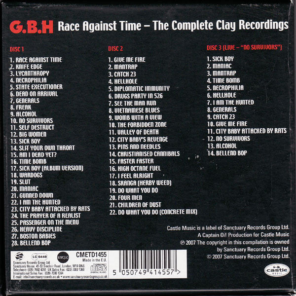 Image of Back Cover of 3xCD - VG/VG+ - G.B.H, Race Against Time - The Complete Clay Recordings (Castle Music; CMETD 1455, UK 2007, Box Set, Booklet & Inners), Wear to box. Inners Signed by Colin, - 3456007S