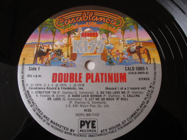 Image of Label Cover of 2xLP - VG/G+ - KISS, Double Platinum (Casablanca; CALD 5005, UK 1978, Embossed Silver Gatefold With Transparent Track listing Sticker on Rear, No Replica Platinum Award), Ringwear, Light marks only, Some mottling on one disc. , - 1816204C