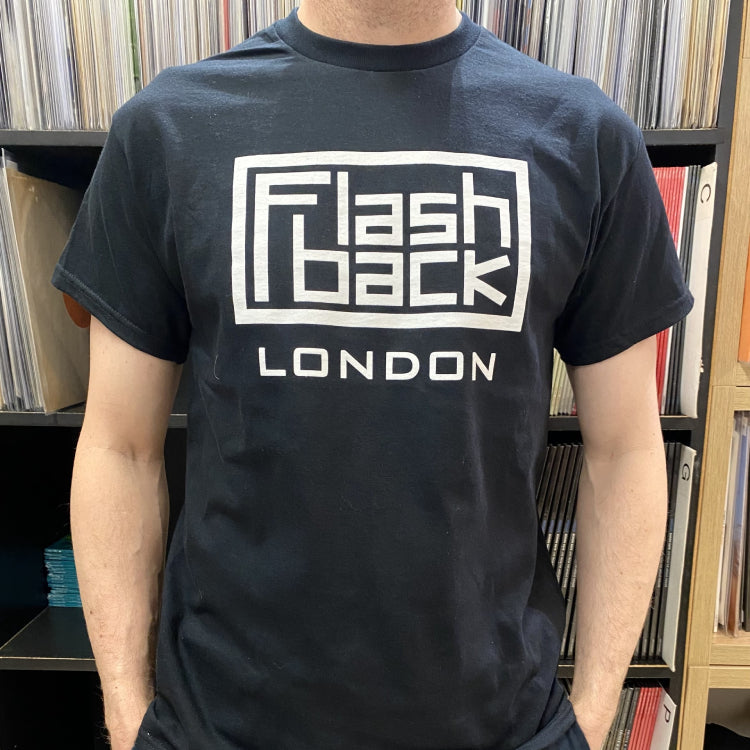 Image of Front Cover of Accessories - NEW/NEW - FLASHBACK LOGO T-SHIRT, London White Logo On Black Shirt - S (; 1535053, UK 2025, Gildan Heavy Cotton, SMALL BLACK MENS), , - 1535053E