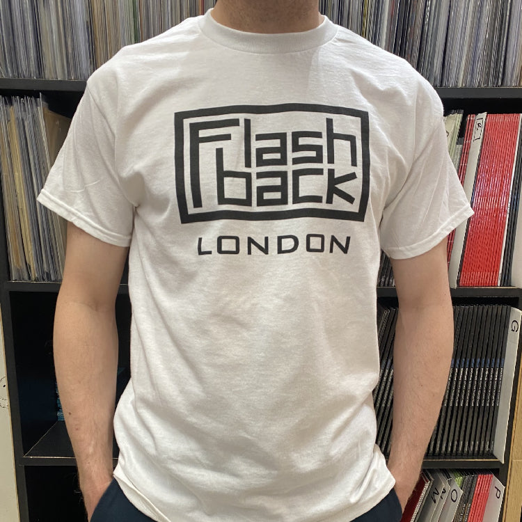 Image of Front Cover of Accessories - NEW/NEW - FLASHBACK LOGO T-SHIRT, London Black Logo On White Shirt - S (; 1535049, UK 2025, Gildan Heavy Cotton, SMALL WHITE MENS), , - 1535049S