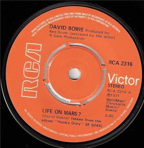 Image of Label Cover of 4225315E: 7" - DAVID BOWIE, Life On Mars? / The Man Who Sold The World (RCA Victor; RCA 2316, UK 1973, Picture Sleeve, Knockout Centre.) Strong VG Throughout VG/VG