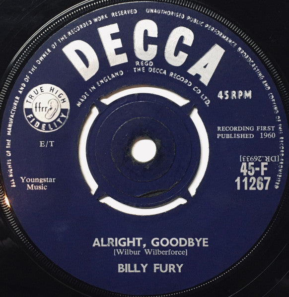 Image of Back Cover of 7" - VG+/VG - BILLY FURY, Wondrous Place / Alright, Goodbye (Decca; F 11267, UK 1960, Company Sleeve), , - 2826351E