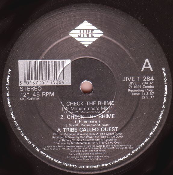 Image of Label Cover of 12" - VG+/VG - A TRIBE CALLED QUEST, Check The Rhime / Skypager (58Beats; JIVE T 284, UK 1991, US Sleeve), , - 1016686C