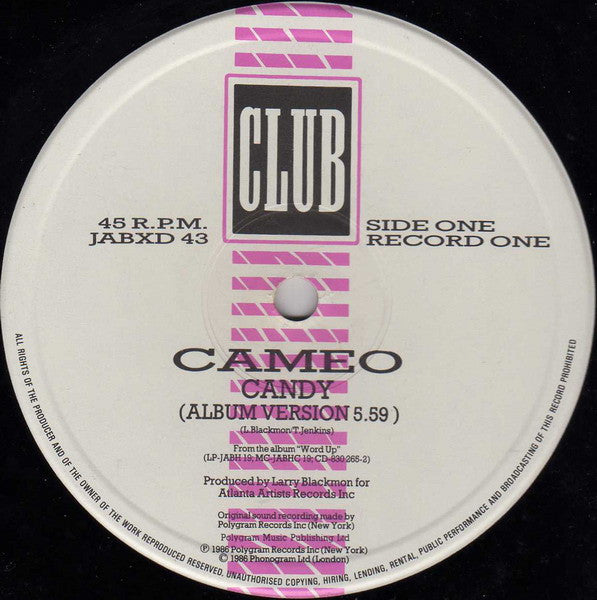 Image of Label Cover of 2x12" - VG/G+ - CAMEO, Candy/ Don't Be Lonely/ Candy (Remix)/ Single Life (Club; JABXD 43, UK 1986, Gatefold), Light Marks only., - 3116044C