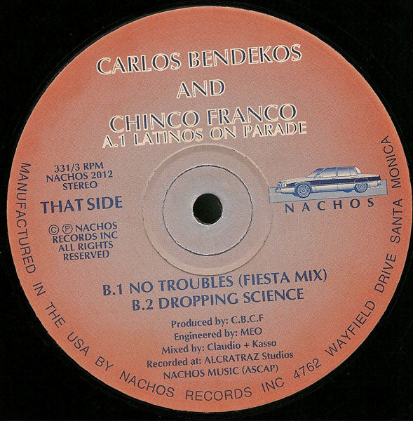 Image of Back Cover of 12" - /G+ - CARLOS BENDEKOS AND CHINCO FRANCO, Dropping Science EP (Nachos Records; NACHOS 2012, US 1995, Plain Sleeve), few whispy hairlines and faint marks both sides. spindle marks on labels, - 3845370S