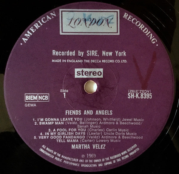 Image of Label Cover of LP - VG/G+ - MARTHA VELEZ, Fiends & Angels (London Plum; SHK8395, UK 1969, Laminated Front Sleeve), , - 3546088S