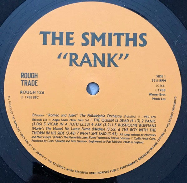 Image of Label Cover of LP - VG+/VG+ - THE SMITHS, Rank (RT; ROUGH126, UK 1988 Reissue, Gatefold, Inner, Standard Version Without Poster. Barcode. CBS Pressing, A1/B1 matrix), , - 3446408S