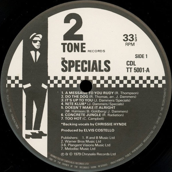 Image of Label Cover of LP - VG+/VG - SPECIALS, Specials (Two-Tone Records; CDL TT 5001, UK 1979, Laminated Front Sleeve, Side A, Track 5 Credits 'M. Harrison / B. Goldberg / J Dammers' ), Side 1 is VG+, Side 2 is a strong VG with a few very light hairlines.Runouts are A2/B6. , - 2526249E