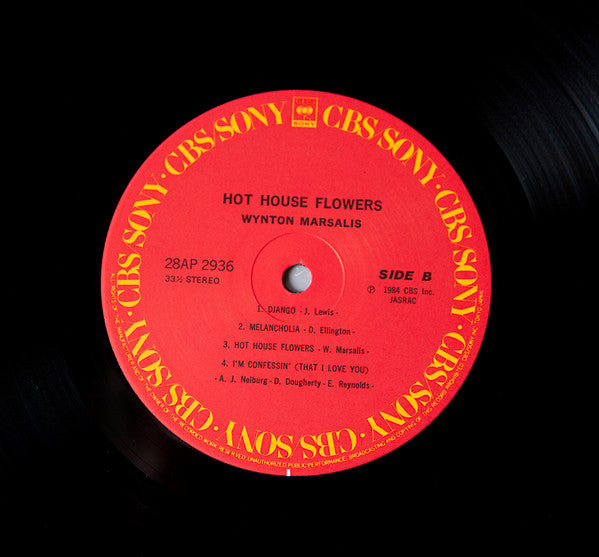 Image of Label Cover of 1925111E: 12" - WYNTON MARSALIS, Hot House Flowers (CBS/Sony ; 28AP 2936, Japan 1984, With OBI) Strong VG, two inaudible marks and a few hairlines. VG/VG