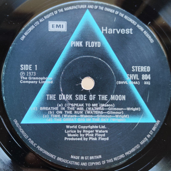 Image of Label Cover of LP - VG/G - PINK FLOYD, The Dark Side Of The Moon (Harvest Black & Blue EMI box & rim; SHVL 804, UK 1974 Reissue, Non-Stickered Gatefold Sleeve, No Posters, No Stickers , A5/B5 Blue Text Bottom Left Inside Gatefold), , - 3116120C