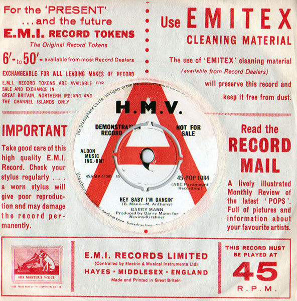 Image of Back Cover of 2015294C: 7" - BARRY MANN, Hey Baby I'm Dancin' / Like I Don't Love You (His Master's Voice; 45-POP 1084, UK 1962, A Label Demo) Centre Intact, Nice company sleeve VG+/VG