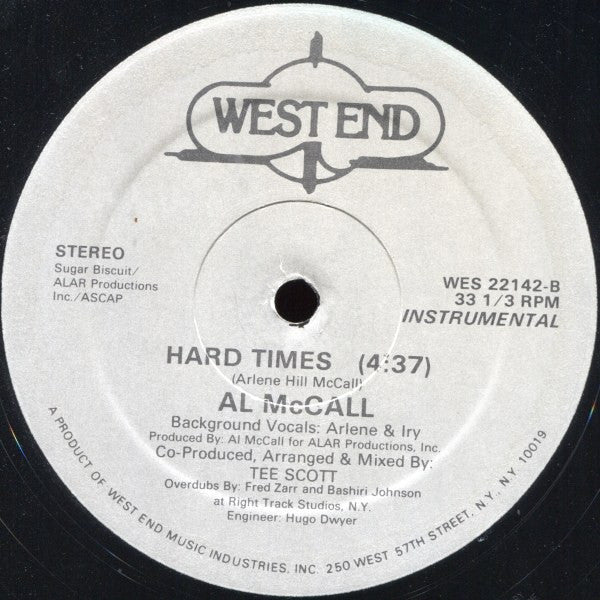 Image of Back Cover of 12" - /VG - AL MCCALL, Hard Times (West End Records ; WES 22142, US 1982, Company Sleeve), Light marks only, - 3746106S