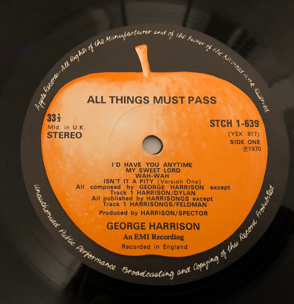 Image of Label Cover of 3xLP - VG/VG+ - GEORGE HARRISON, All Things Must Pass (Apple Records; STCH 639, UK 1970, Box Set, 3 Inners, NO Poster, UK 1st pressing, "Recorded in England"on labels 1, 2, 3 & 4, NO "MADE AND PRINTED IN GREAT BRITAIN" inside box, Clapton credit inside box), Lovely LPs, 2 Inners intact one with seam split, all corner of both parts of box intact but top seperated from bottom half, - 4346020S