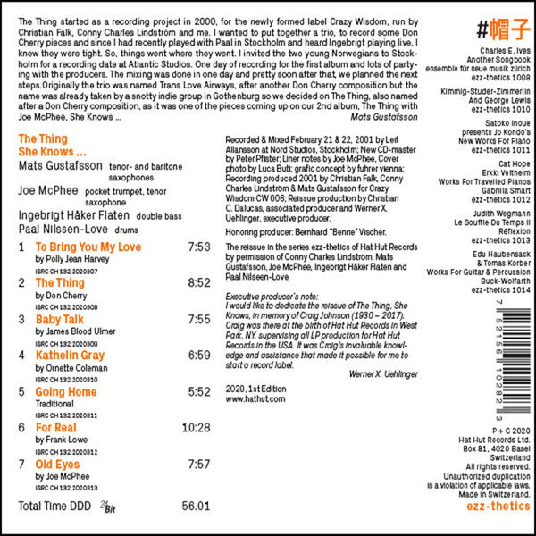 Image of Back Cover of 2155089S: CD - THE THING (2) W/ JOE MCPHEE, She Knows... (ezz-thetics; ezz-thetics 1028, Switzerland 2020) VG+/VG+