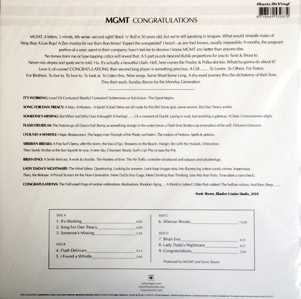 Image of Back Cover of 2xLP - NEW/NEW - MGMT, Congratulations (Music On Vinyl; MOVLP777, Europe 2014 Reissue, 2 Inners), , - 4115157C