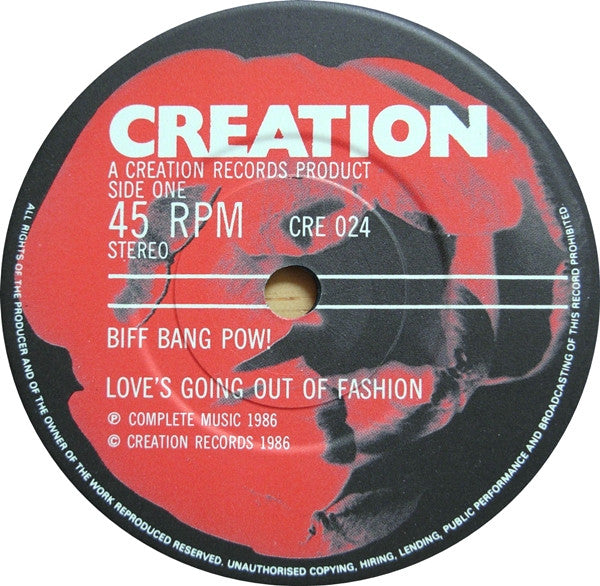 Image of Label Cover of 7" - VG+/VG+ - BIFF BANG POW!, Love's Going Out Of Fashion / It Happens All The Time (Creation Records; CRE 024, UK , Picture Sleeve), , - 2125446E